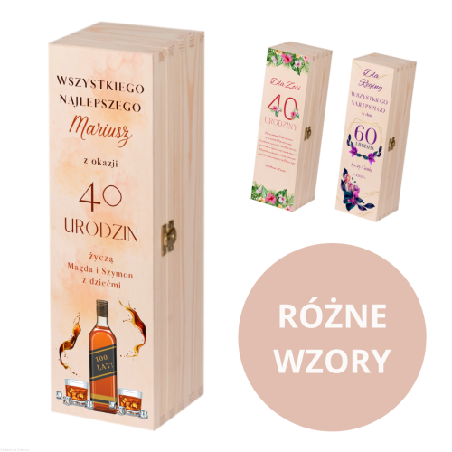 Skrzynka drewniana z NADRUKIEM UV na PREZENT urodziny wino alkohol miody