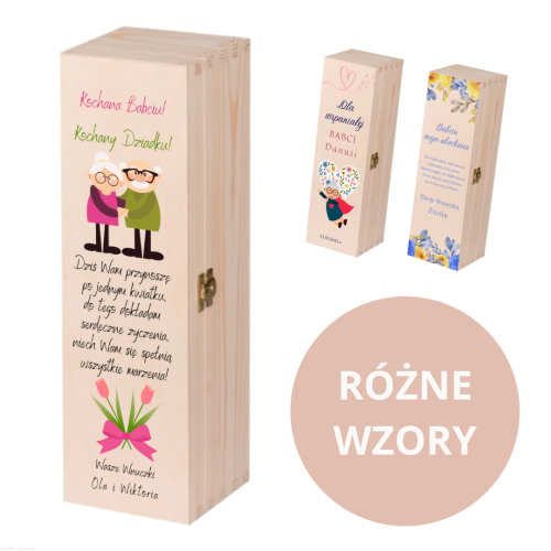 Skrzynka drewniana z NADRUKIEM UV na PREZENT dla Babci i Dziadka wino alkohol miody