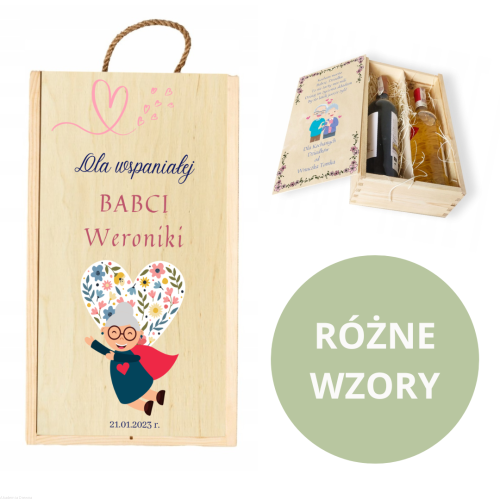 Skrzynka drewniana podwójna z NADRUKIEM UV na PREZENT dla Babci i Dziadka  wino alkohol miody