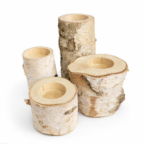 Zestaw 4 świeczników brzozowych różne wysokości 4-12 cm